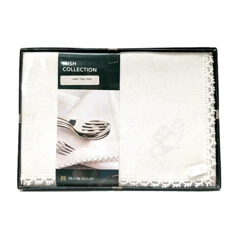 NEW McCAW ALLAN Irish Linen Tray Cloth Claddagh Embroidery White Lace Edge Box